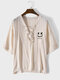 Mens Smile Face Print Drop Shoulder V-Neck Short Sleeves T-Shirts - Apricot