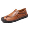 Men Delicate Hand Stitching Toe Protective Slip On Leather Loafers - Brown