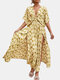 Splited Batting Sleeve Print Bohemian Maxi Dress For Women - Yellow