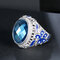 Vintage Blue Glass Stone Ring Metal Hollow Carved Enamel Flower Finger Ring - Blue