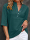 Blusa casual de media manga con cuello alto y botones sólidos - Verde oscuro