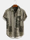 Mens Ethnic Patchwork Printed Short Sleeve Turn Down Collar Chest Pocket Shirt - Green