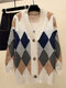 Contrast Color Geometric Print Long Sleeve Cardigan For Women - Beige