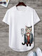 Camiseta masculina de manga curta com estampa japonesa de desenho animado de gato com bainha curvada inverno - Branco