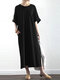Women Solid Color O-neck Casual Dress With Pocket - Black