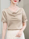 Cowl Neck Satin Solid Short Sleeve Blouse For Women - Apricot