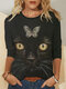 Cat Butterfly Print O-neck Long Sleeve T-shirt For Women - Black