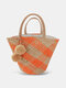 Straw Craft Comfy Handle Large-Capacity Pom-pom Decor Beach Handbag Cute Woven Bucket Bag - Orange