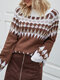 Geometric Printed O-neck Long Sleeve Casual Sweater - Brown