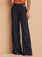 Women Solid Button Detail Casual Pants With Pocket - Navy