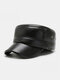 Men PU Solid Color Patchwork Built-in Ear Protection Breathable Warmth Flat Cap - Black
