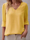Swiss Dot Half Sleeve V-neck Blouse For Women - Yellow