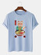 Mens Japanese Noodle Cat Print 100% Cotton Casual Short Sleeve T-Shirts - Blue