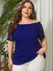 Solid Color Off Shoulder Lace Short Sleeve Plus Size Blouse for Women - Blue