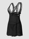 Sexy Floral Lace Trim Mesh See Through Wide Straps Breathable Nightgown - Black