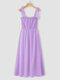 Solid Smocked Tie Strap Slit Open Back Chiffon Maxi Dress - Purple