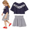 Soft Cotton Toddler Girls Clothing Set Short Sleeve Tops+Striped Skirts For 2Y-9Y - Blue