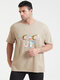 Plus Size Mens Art Letter Print 100% Cotton Fashion Short Sleeve T-Shirts - Khaki