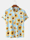 Sunflower Print Casual Holiday Lapel Short Sleeve Shirt For Men Women - Blue