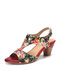 Socofy Holiday Floral Print Bohemian Cowhide Hollow out Low Heel Buckle Opened Chunky Heel Sandals - Red
