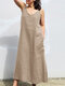 Women Solid V-Neck Side Split Cotton Sleeveless Dress - Apricot