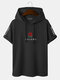 Mens Rose Japanese Printed Short Sleeve Drawstring Hooded T-Shirts - Black
