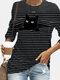 تي شيرت كاجوال مخطط بأكمام طويلة وياقة دائرية وطبعة قطة للنساء - أسود