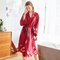 Simulation Silk Pajamas Printed Long Gown - Wine Red