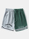 Mens Contrast Striped Cuff Patchwork Embroidered Loose Drawstring Shorts - Green