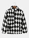 Mens Argyle Pattern Zip Up Stand Collar Preppy Fleece Plush Jacket - Black