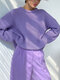 Solid Loose Dropped Shoulder Long Sleeve Knit Sweater - Purple