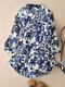 Allover Plants Print Pocket 3/4 Sleeve Stand Collar Blouse - Blue