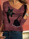 Cartoon Cat Striped V-neck Long Sleeve T-shirt - Red
