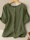 Solid Button Half Sleeve Round Neck Casual Cotton Blouse - Army Green