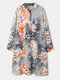 Print Lapel Long Sleeve Plus Size Button Dress for Women - Grey