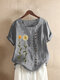 Floral Printed Short Sleeve O-Neck T-shirt For Women - Grey