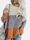Women Contrast Color Patchwork Long Sleeve Casual Sweater - Purple