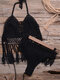 Women Hollow Out Tassel Trims Backless Weave Halter Holiday Beach Bikinis - Black