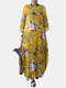 Calico Print O-neck Loose Casual Dress For Women - Yellow