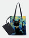 Faux Leather Cute Cartoon Cat Printing Waterproof Shopping Bag Shoulder Bag Handbag Card Bag Tote - Blue