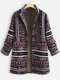 Ethnic Print Long Sleeve Thick Vintage Coat For Women - Grey