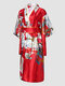 Women Satin Kimono Figure Print Bowknot Calf Length Home Robes - Red