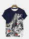 Mens Japanese Wave Figure Print Crew Neck Short Sleeve T-Shirts Winter - Navy