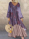 Vintage Floral Print Patchwork Long Sleeve Dress with Pockets - Purple
