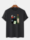 Mens Cartoon Cat Wine Bottle Print Crew Neck Short Sleeve T-Shirts - Black
