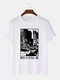 Mens Monochrome City View Japanese Print Cotton Short Sleeve T-Shirts - White