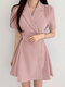 Solid Lapel Short Sleeve A-line Dress For Women - Pink