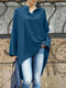 Women Solid Notched Neck High-Low Hem Long Sleeve Blouse - Blue