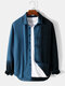 Mens Contrast 100% Cotton Lapel Chest Pocket Casual Long Sleeve Shirts - Blue