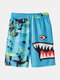 Mens Cartoon Shark Print Holiday Drawstring Shorts With Pocket - Blue